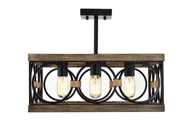 Alt view image 2 of 7 - 4-Light Square Kitchen Island Lights Ceiling Light Farmhouse Dining Room Light Fixture, Wood and Black Metal Rectangular Ceiling Light, Ceiling Lighting for Living Room,Conference Room, Home Office