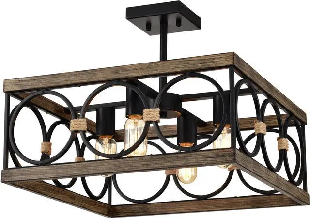 Main image of 4-Light Square Kitchen Island Lights Ceiling Light Farmhouse Dining Room Light Fixture, Wood and Black Metal Rectangular Ceiling Light, Ceiling Lighting for Living Room,Conference Room, Home Office