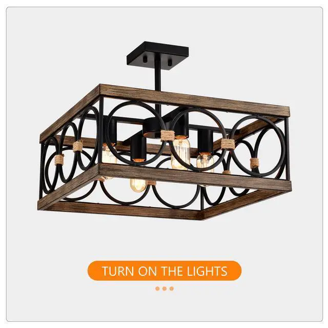 Alt view image 5 of 7 - 4-Light Square Kitchen Island Lights Ceiling Light Farmhouse Dining Room Light Fixture, Wood and Black Metal Rectangular Ceiling Light, Ceiling Lighting for Living Room,Conference Room, Home Office