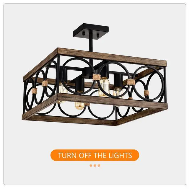 Alt view image 6 of 7 - 4-Light Square Kitchen Island Lights Ceiling Light Farmhouse Dining Room Light Fixture, Wood and Black Metal Rectangular Ceiling Light, Ceiling Lighting for Living Room,Conference Room, Home Office