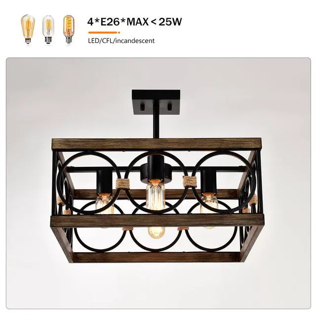 Alt view image 7 of 7 - 4-Light Square Kitchen Island Lights Ceiling Light Farmhouse Dining Room Light Fixture, Wood and Black Metal Rectangular Ceiling Light, Ceiling Lighting for Living Room,Conference Room, Home Office