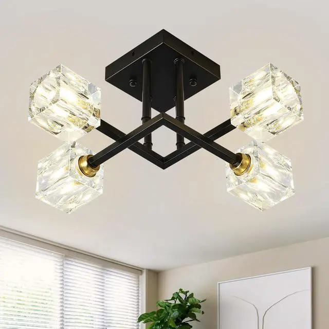 Main image of Modern Luxurious Crystal Ceiling Light, 4 Lights (Bo included Bulb) Modern Crystal Ceiling Light for Dining Room, Pendant Lamp Ceiling Lighting for Living Bedroom Hall Balcony --Matte Black