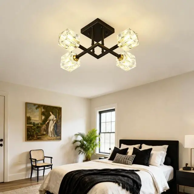 Alt view image 3 of 7 - Modern Luxurious Crystal Ceiling Light, 4 Lights (Bo included Bulb) Modern Crystal Ceiling Light for Dining Room, Pendant Lamp Ceiling Lighting for Living Bedroom Hall Balcony --Matte Black