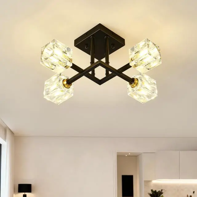 Alt view image 2 of 7 - Modern Luxurious Crystal Ceiling Light, 4 Lights (Bo included Bulb) Modern Crystal Ceiling Light for Dining Room, Pendant Lamp Ceiling Lighting for Living Bedroom Hall Balcony --Matte Black