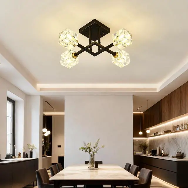 Alt view image 4 of 7 - Modern Luxurious Crystal Ceiling Light, 4 Lights (Bo included Bulb) Modern Crystal Ceiling Light for Dining Room, Pendant Lamp Ceiling Lighting for Living Bedroom Hall Balcony --Matte Black