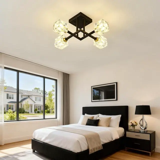 Alt view image 5 of 7 - Modern Luxurious Crystal Ceiling Light, 4 Lights (Bo included Bulb) Modern Crystal Ceiling Light for Dining Room, Pendant Lamp Ceiling Lighting for Living Bedroom Hall Balcony --Matte Black