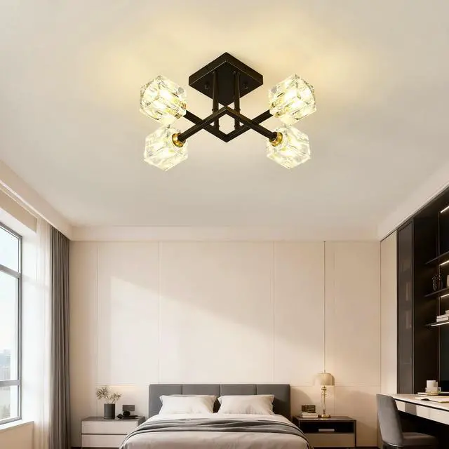 Alt view image 6 of 7 - Modern Luxurious Crystal Ceiling Light, 4 Lights (Bo included Bulb) Modern Crystal Ceiling Light for Dining Room, Pendant Lamp Ceiling Lighting for Living Bedroom Hall Balcony --Matte Black