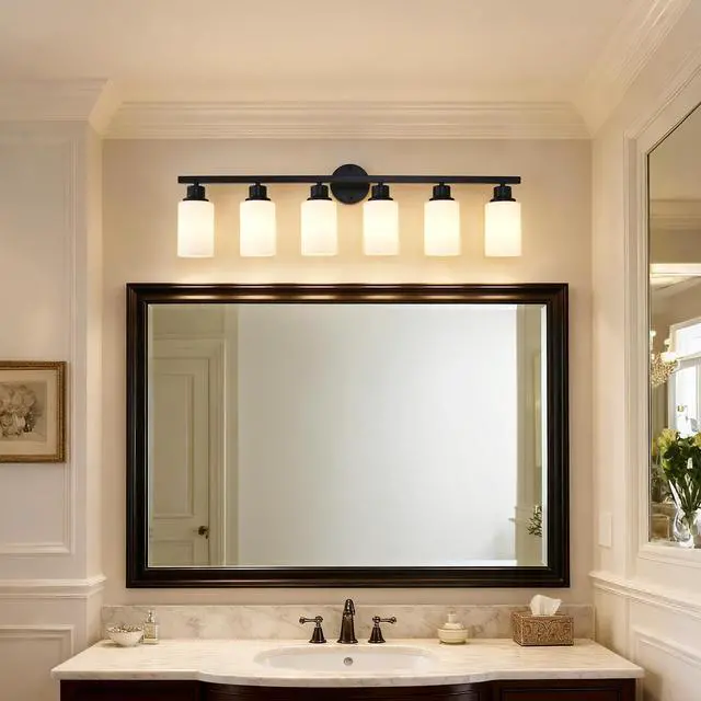 Alt view image 2 of 7 - 6-Light Matte Black Wall Lamps with White Glass Shades (No Bulbs) Sconce Lighting for Bedroom Living Room