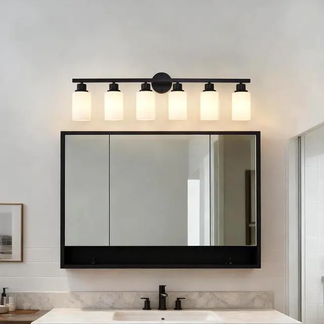 Alt view image 3 of 7 - 6-Light Matte Black Wall Lamps with White Glass Shades (No Bulbs) Sconce Lighting for Bedroom Living Room