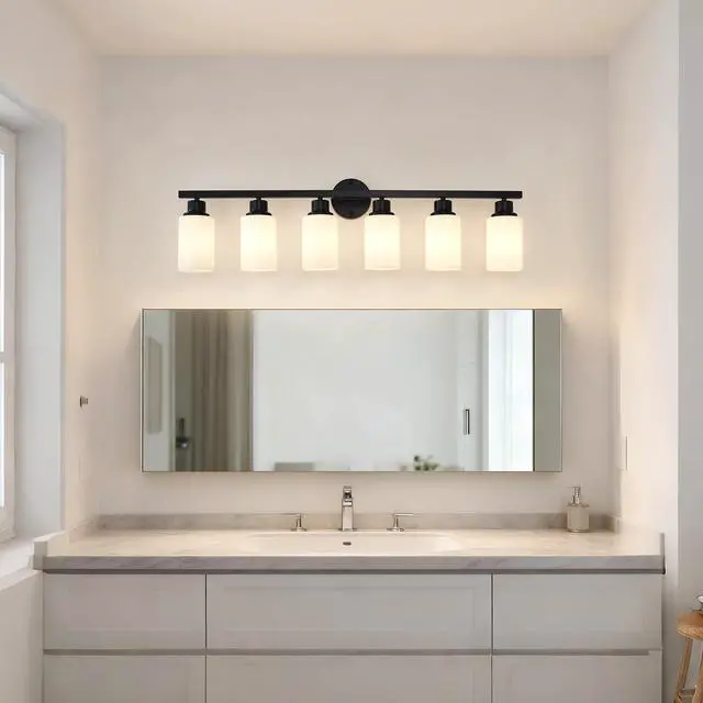 Alt view image 4 of 7 - 6-Light Matte Black Wall Lamps with White Glass Shades (No Bulbs) Sconce Lighting for Bedroom Living Room