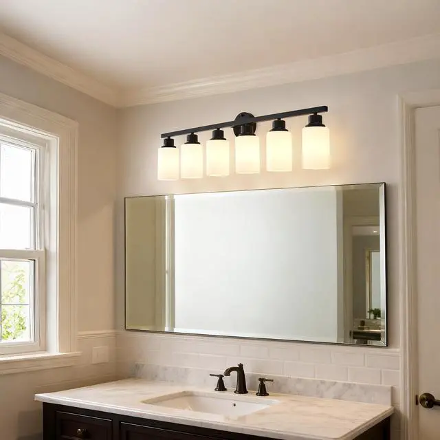 Alt view image 5 of 7 - 6-Light Matte Black Wall Lamps with White Glass Shades (No Bulbs) Sconce Lighting for Bedroom Living Room