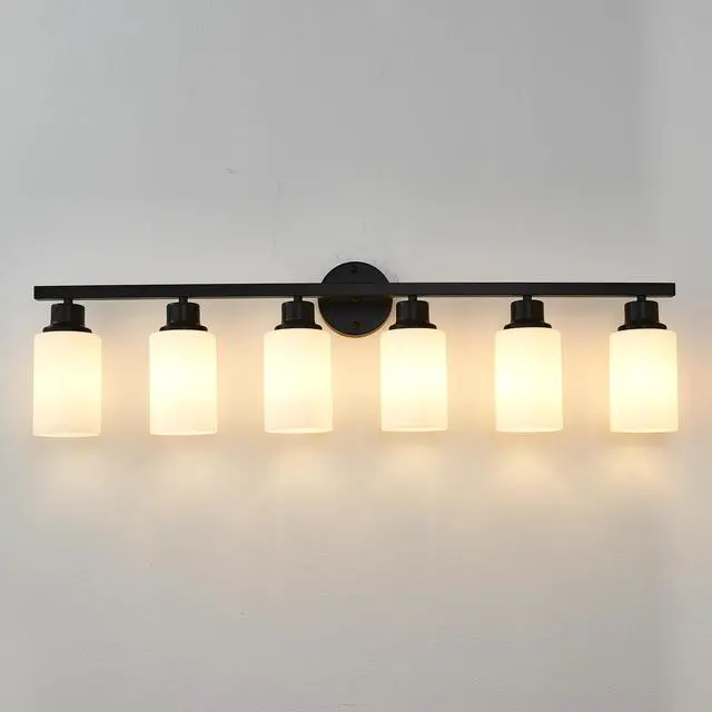 Alt view image 6 of 7 - 6-Light Matte Black Wall Lamps with White Glass Shades (No Bulbs) Sconce Lighting for Bedroom Living Room