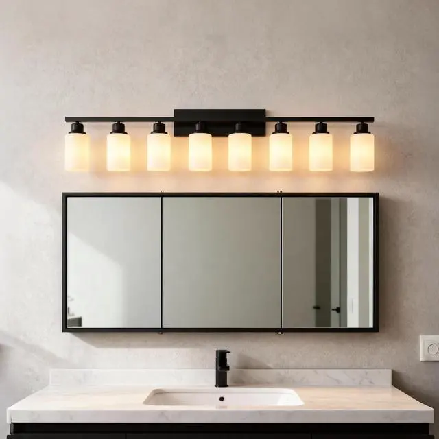 Alt view image 2 of 7 - Wall Lamp 8-Light ,Bathroom Vanity Light, Matte Black Bathroom Light Fixtures, Modern Wall Light with Glass Shade, Wall Sconce Lighting for Bedroom Living Room(No included Bulbs)-E26