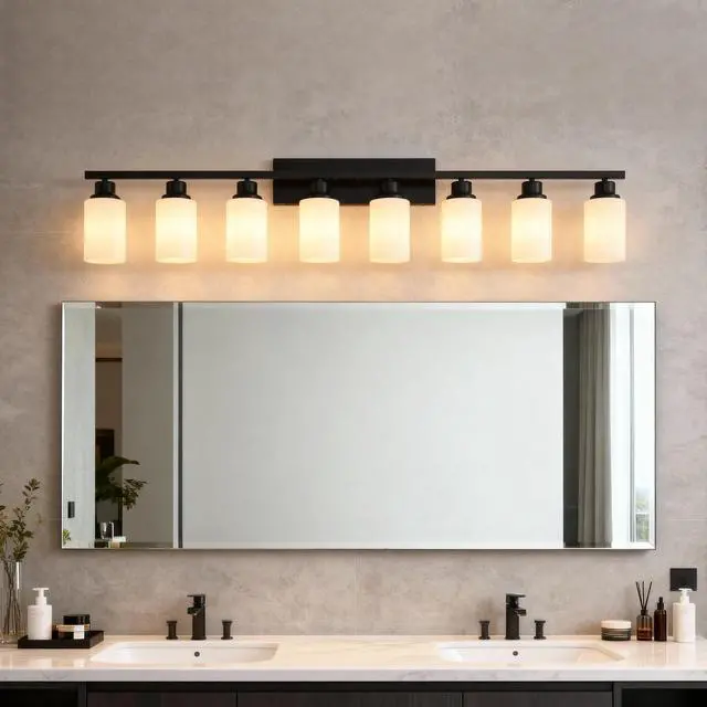 Alt view image 3 of 7 - Wall Lamp 8-Light ,Bathroom Vanity Light, Matte Black Bathroom Light Fixtures, Modern Wall Light with Glass Shade, Wall Sconce Lighting for Bedroom Living Room(No included Bulbs)-E26