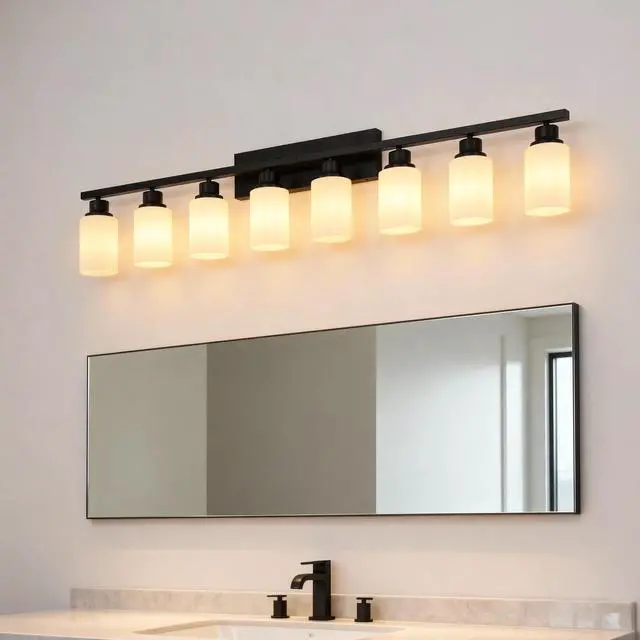 Alt view image 4 of 7 - Wall Lamp 8-Light ,Bathroom Vanity Light, Matte Black Bathroom Light Fixtures, Modern Wall Light with Glass Shade, Wall Sconce Lighting for Bedroom Living Room(No included Bulbs)-E26