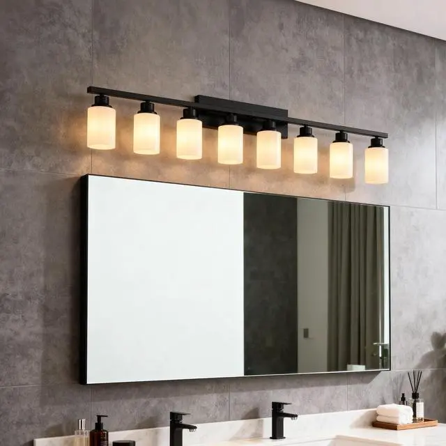 Alt view image 6 of 7 - Wall Lamp 8-Light ,Bathroom Vanity Light, Matte Black Bathroom Light Fixtures, Modern Wall Light with Glass Shade, Wall Sconce Lighting for Bedroom Living Room(No included Bulbs)-E26