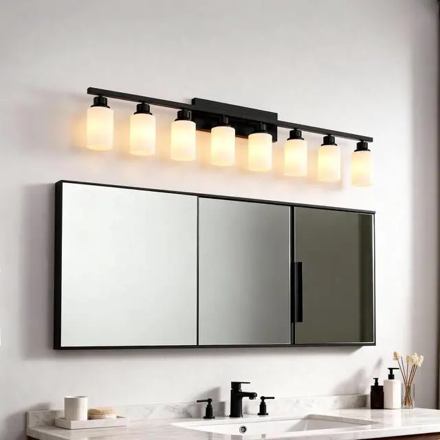 Alt view image 5 of 7 - Wall Lamp 8-Light ,Bathroom Vanity Light, Matte Black Bathroom Light Fixtures, Modern Wall Light with Glass Shade, Wall Sconce Lighting for Bedroom Living Room(No included Bulbs)-E26