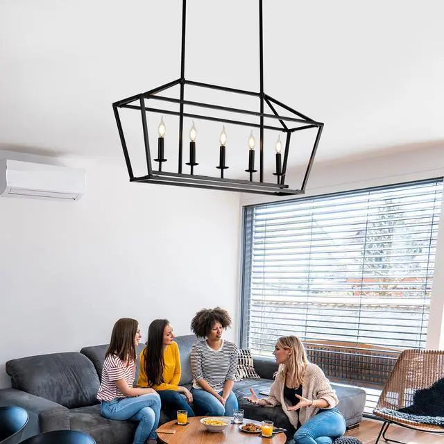 Alt view image 2 of 7 - 5-Light Farmhouse Kitchen Island Lighting,5 Light industrial Linear Chandelier for Dining Room Metal Matte Black Finish Hanging Pendant Light Fixture for Bedroom Living Room Hallway Conference Room