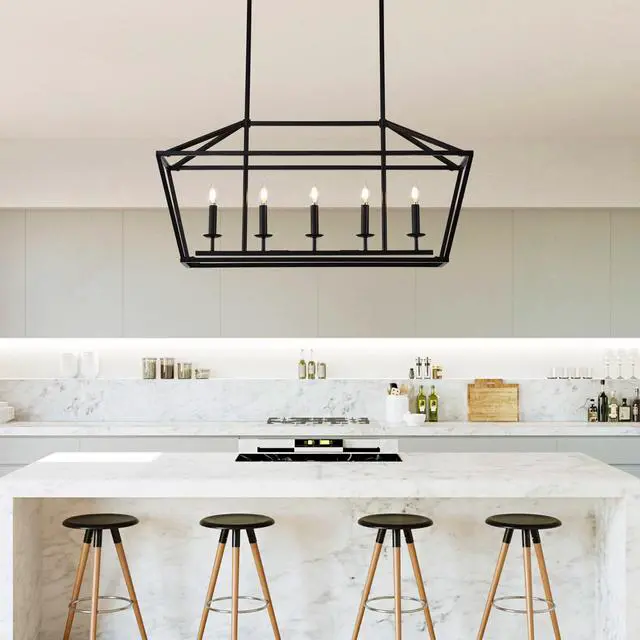 Alt view image 6 of 7 - 5-Light Farmhouse Kitchen Island Lighting,5 Light industrial Linear Chandelier for Dining Room Metal Matte Black Finish Hanging Pendant Light Fixture for Bedroom Living Room Hallway Conference Room