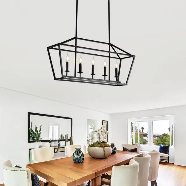 Alt view image 7 of 7 - 5-Light Farmhouse Kitchen Island Lighting,5 Light industrial Linear Chandelier for Dining Room Metal Matte Black Finish Hanging Pendant Light Fixture for Bedroom Living Room Hallway Conference Room
