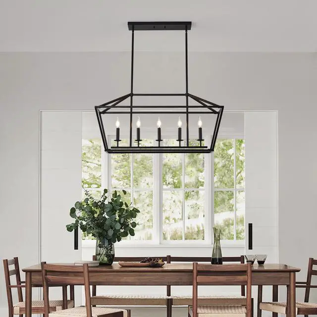 Alt view image 5 of 7 - 5-Light Farmhouse Kitchen Island Lighting,5 Light industrial Linear Chandelier for Dining Room Metal Matte Black Finish Hanging Pendant Light Fixture for Bedroom Living Room Hallway Conference Room