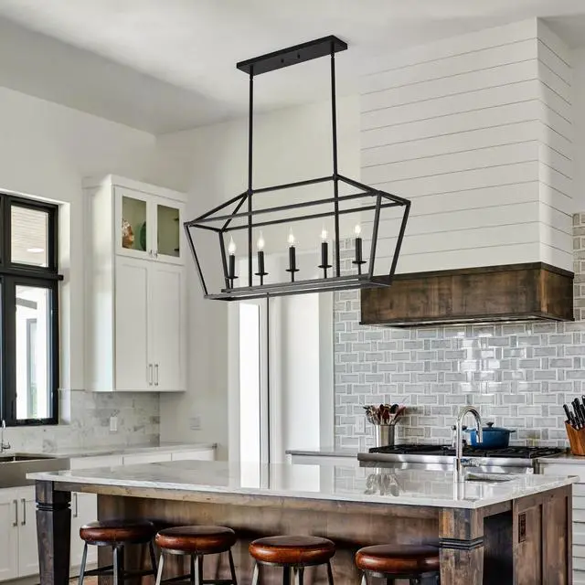 Alt view image 4 of 7 - 5-Light Farmhouse Kitchen Island Lighting,5 Light industrial Linear Chandelier for Dining Room Metal Matte Black Finish Hanging Pendant Light Fixture for Bedroom Living Room Hallway Conference Room