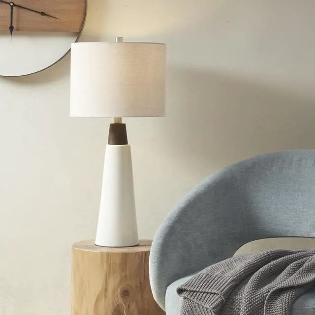 Alt view image 6 of 7 - Triangular Ceramic and Wood Table Lamp