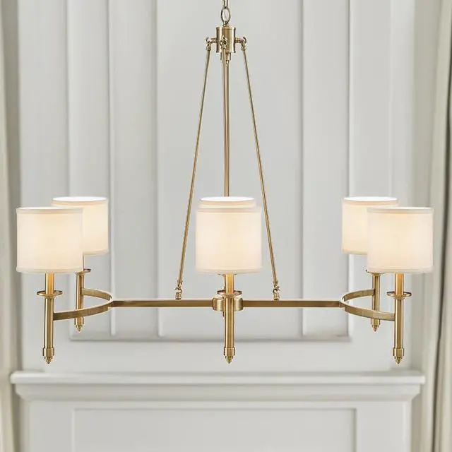 Main image of 6-Light Chandelier with Fabric Drum Shades Antique Gold See Below