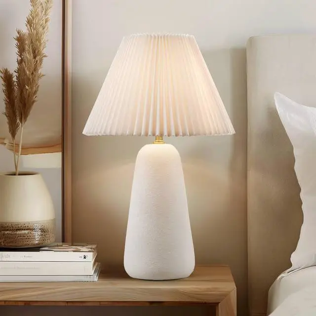 Main image of Textured Ceramic Table Lamp with Fluted Fabric Shade White See Below