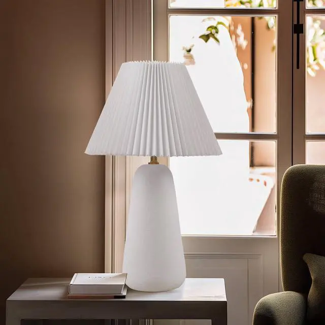 Alt view image 4 of 7 - Textured Ceramic Table Lamp with Fluted Fabric Shade White See Below