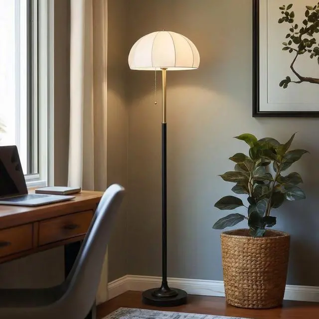 Alt view image 5 of 7 - Textured Ceramic Floor Lamp with Fluted Fabric Shade White