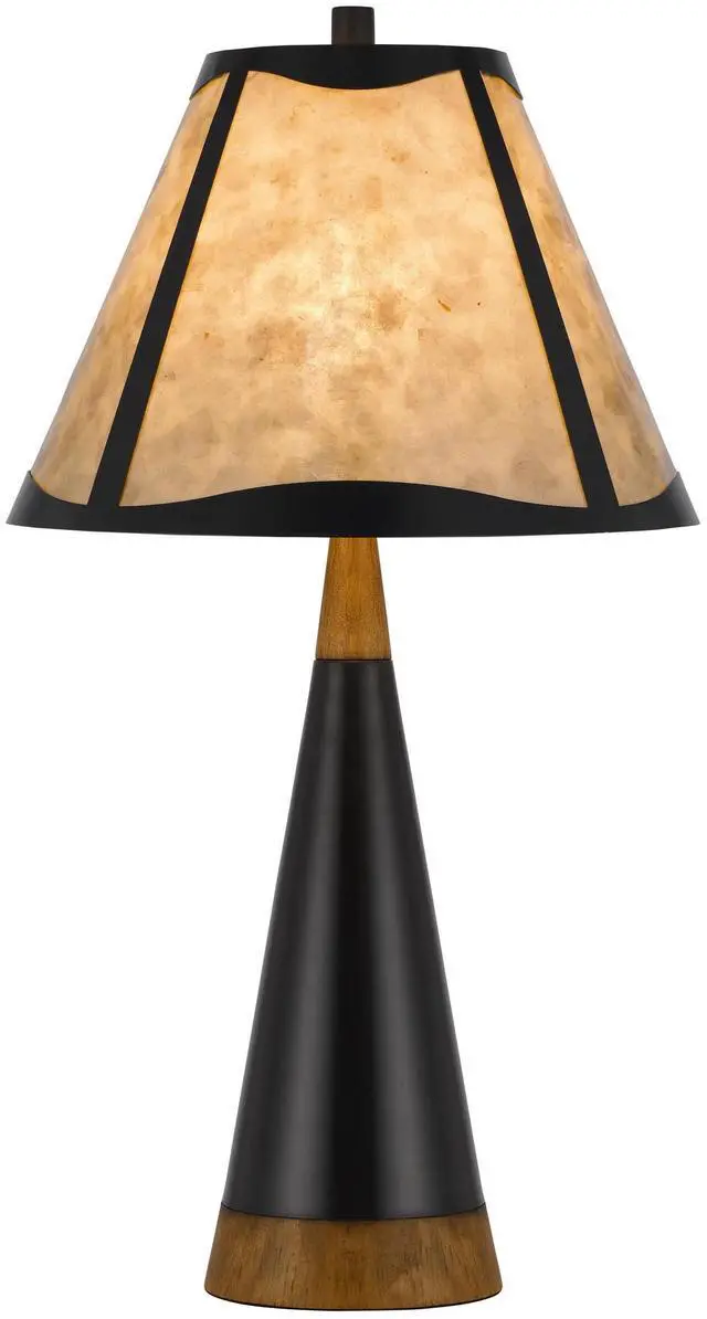Main image of 30 inch 3 Way Table Lamp, Beige Mica Shade, Rubberwood and Black Metal Body