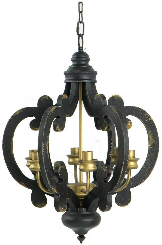 Main image of Aki 21 inch Carved Wood Chandelier, 6 Lights, Vintage Classic, Black, Gold