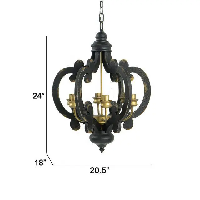 Alt view image 3 of 5 - Aki 21 inch Carved Wood Chandelier, 6 Lights, Vintage Classic, Black, Gold