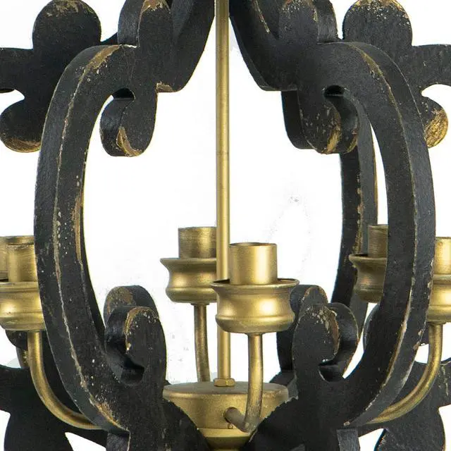 Alt view image 2 of 5 - Aki 21 inch Carved Wood Chandelier, 6 Lights, Vintage Classic, Black, Gold