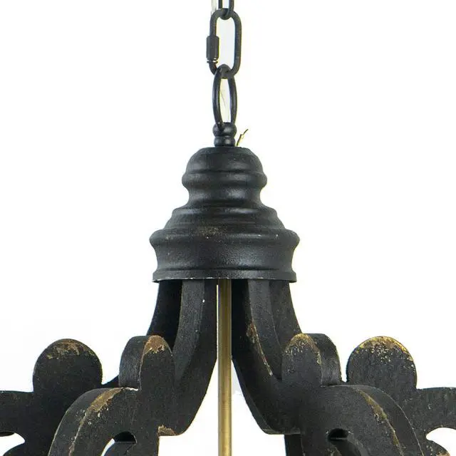 Alt view image 5 of 5 - Aki 21 inch Carved Wood Chandelier, 6 Lights, Vintage Classic, Black, Gold