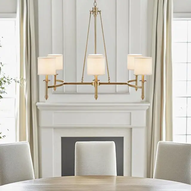 Alt view image 4 of 6 - 6-Light Chandelier with Fabric Drum Shades Antique Gold See Below
