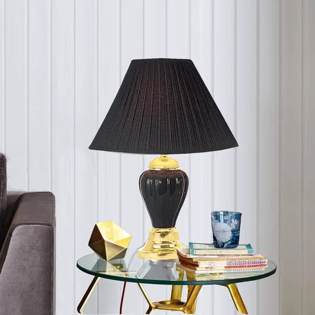 Alt view image 2 of 5 - 27" Tall Ceramic Table Lamp, Urn-Shaped with Black Finish, Linen Shade