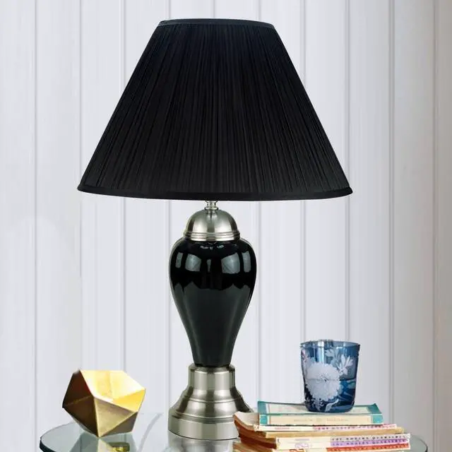 Alt view image 4 of 5 - 27" Tall Ceramic Table Lamp, Urn-Shaped with Silver / Black Finish, Linen Shade