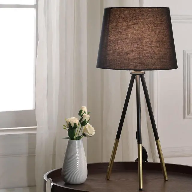 Alt view image 4 of 5 - 20" Tripod Leg Metal Table Lamp" Devon", Matte Black / Gold Metal