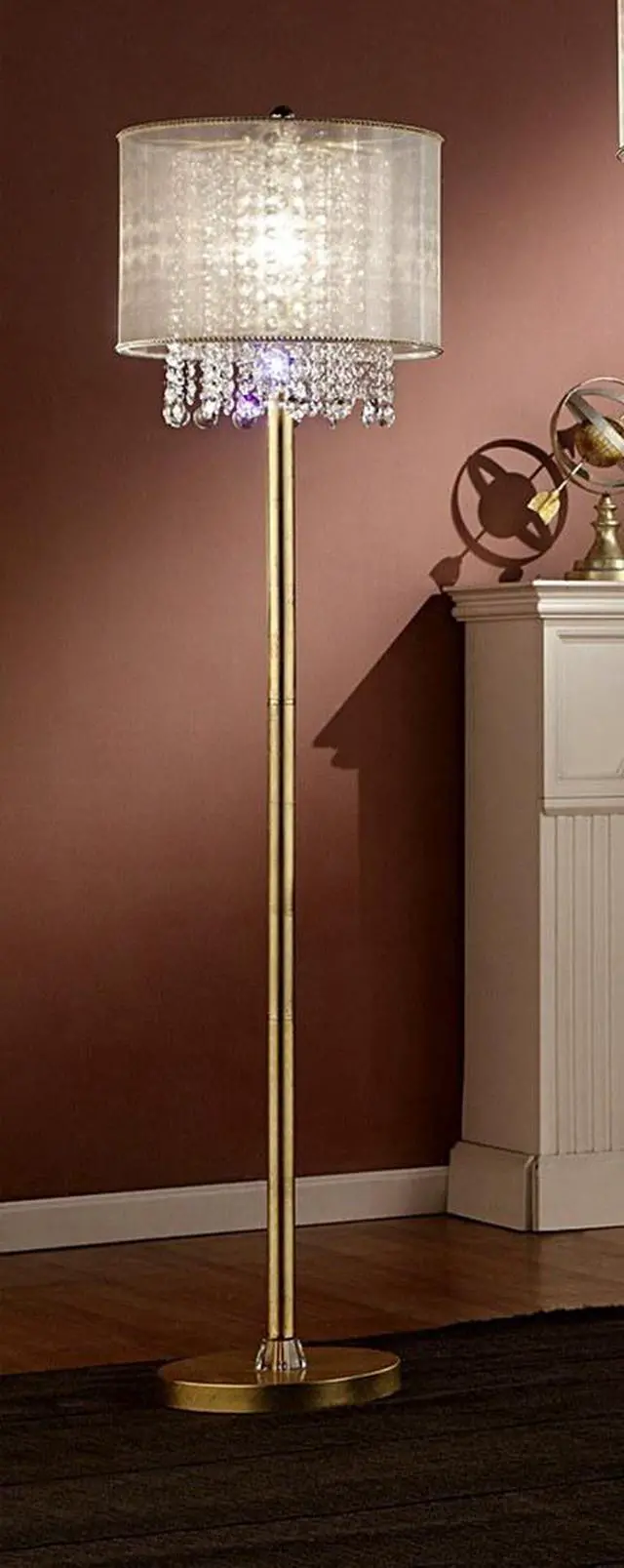 Alt view image 3 of 5 - 65" Tall Floor Lamp "Bhavya" W/ Gold Finish and Crystal Accents, White Shade