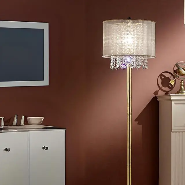 Alt view image 4 of 5 - 65" Tall Floor Lamp "Bhavya" W/ Gold Finish and Crystal Accents, White Shade