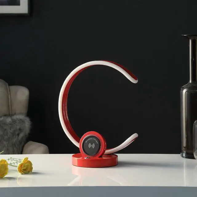 Alt view image 4 of 5 - 13.25" in Modern C Shape Led W/ Usb/Wireless Charger Port and touch Dimmer Bright Red Table Lamp