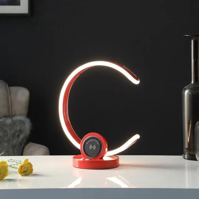 Alt view image 3 of 5 - 13.25" in Modern C Shape Led W/ Usb/Wireless Charger Port and touch Dimmer Bright Red Table Lamp