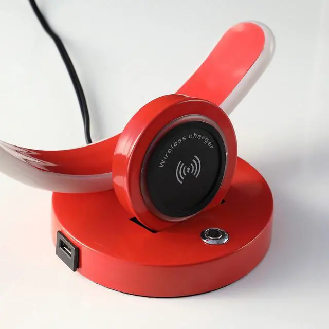 Alt view image 5 of 5 - 13.25" in Modern C Shape Led W/ Usb/Wireless Charger Port and touch Dimmer Bright Red Table Lamp