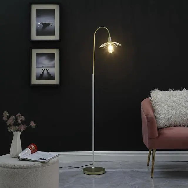 Alt view image 3 of 5 - 64.25" in industrial Farm Pendant Cage Satin Matte Gold/White Metal Floor Lamp