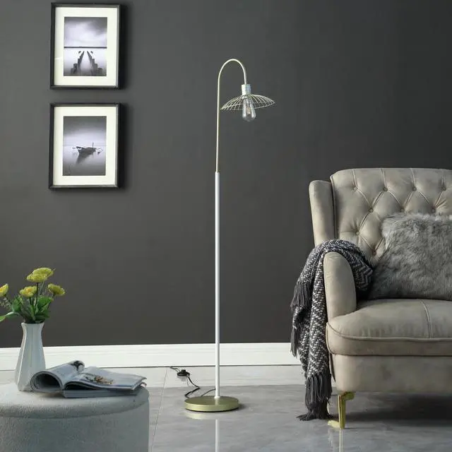 Alt view image 5 of 5 - 64.25" in industrial Farm Pendant Cage Satin Matte Gold/White Metal Floor Lamp
