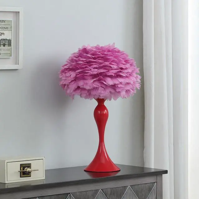 Alt view image 2 of 4 - 18.25"in Medium Pink Feather Aquina Glaze Red Metal Contour Glam Table Lamp