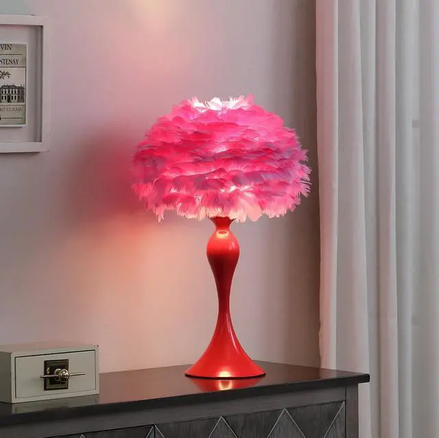 Alt view image 3 of 4 - 18.25"in Medium Pink Feather Aquina Glaze Red Metal Contour Glam Table Lamp