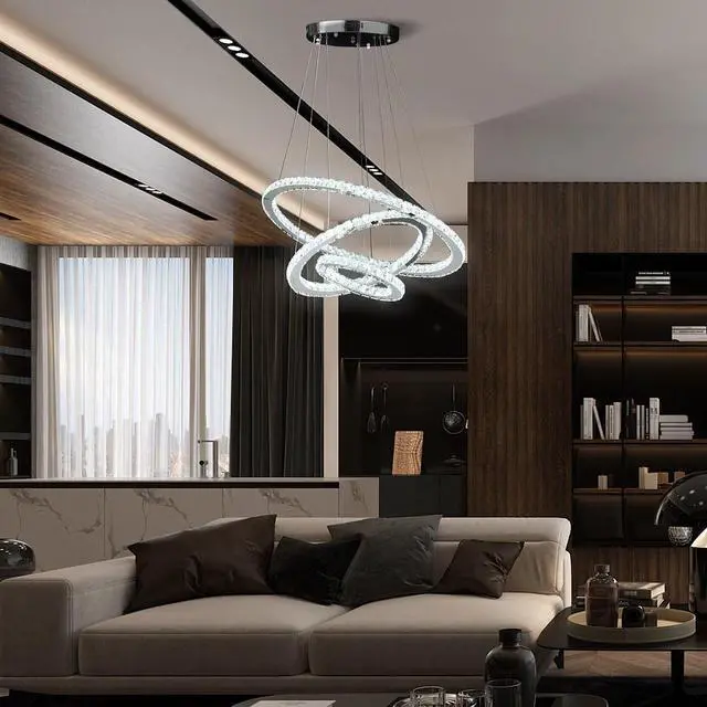 Alt view image 3 of 5 - 11.8" to 47.2" in Adjustable Height Else Medium Triple Hoop Modern Crystal Stainless Pure White Color Led Remote Control Dimmer Chandelier